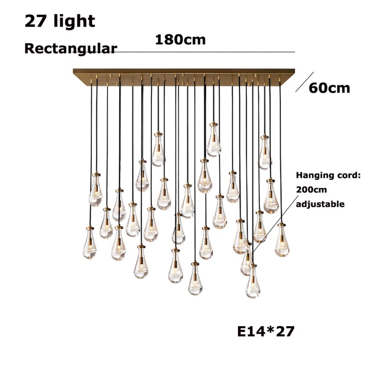 New Copper LED Waterdrop Glass Pendant Light – Modern Lobby, Hotel, Villa &amp; Staircase Ceiling Lamp