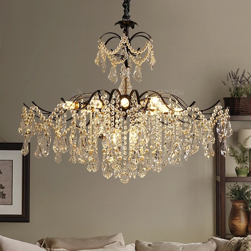 New French Antique Crystal Pearl Pendant Light – Retro Luxury