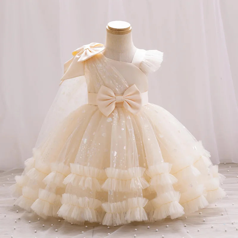 New Baby Girls One-Shoulder Tulle Dress - Birthday Party, Performance & Evening Dress