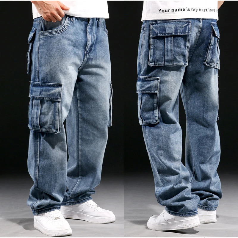 Men’s Multi-Pocket Loose Fit Jeans – Casual Straight Leg Wide-Leg Cargo Denim Pants