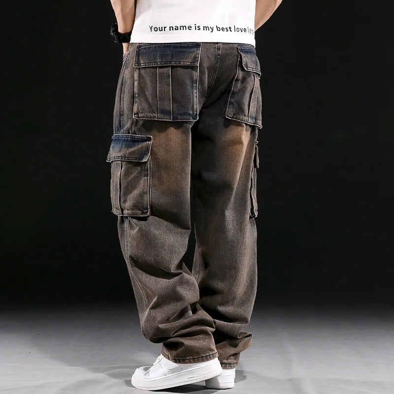 Men’s Multi-Pocket Loose Fit Jeans – Casual Straight Leg Wide-Leg Cargo Denim Pants