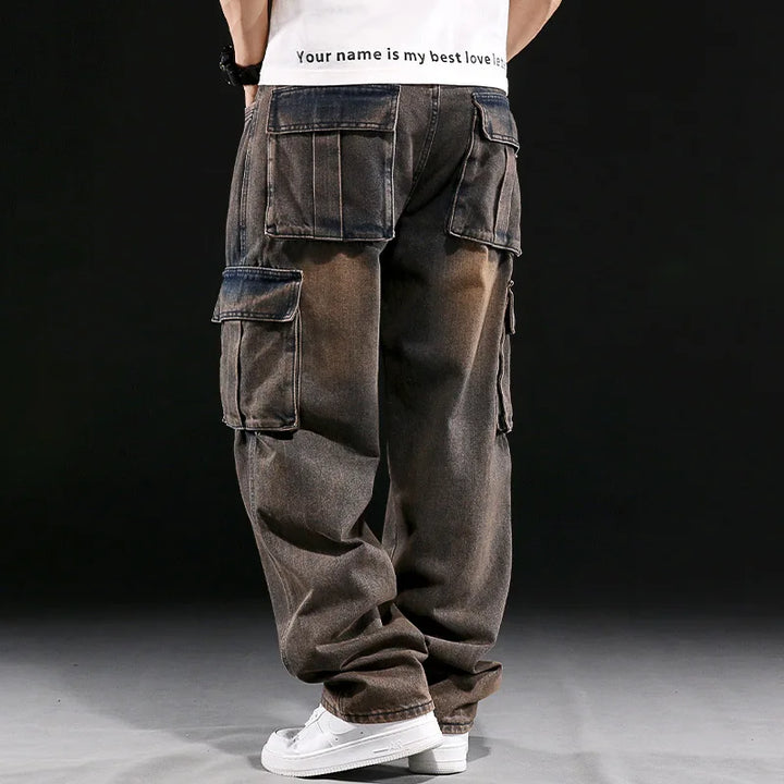 Men’s Multi-Pocket Loose Fit Jeans – Casual Straight Leg Wide-Leg Cargo Denim Pants