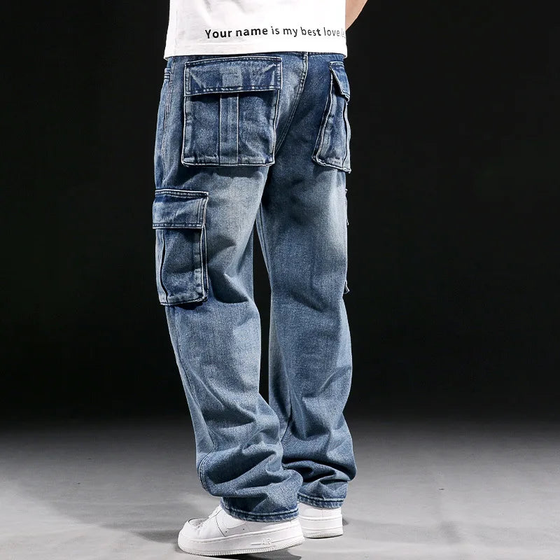 Men’s Multi-Pocket Loose Fit Jeans – Casual Straight Leg Wide-Leg Cargo Denim Pants