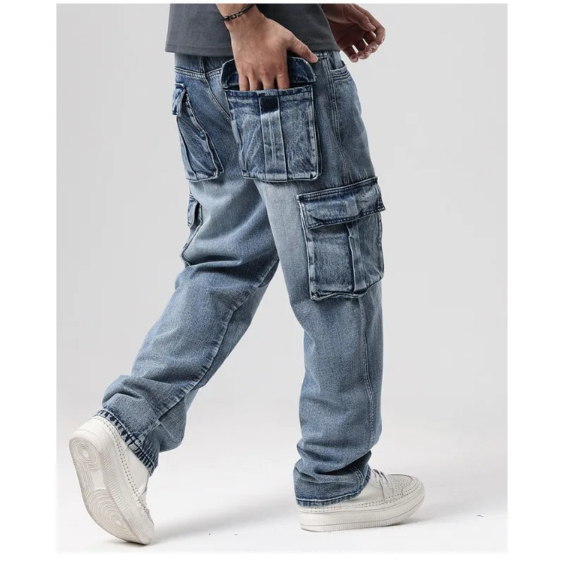 Men’s Multi-Pocket Loose Fit Jeans – Casual Straight Leg Wide-Leg Cargo Denim Pants