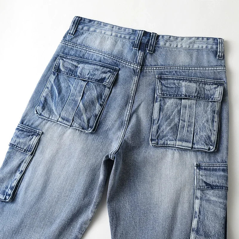 Men’s Multi-Pocket Loose Fit Jeans – Casual Straight Leg Wide-Leg Cargo Denim Pants