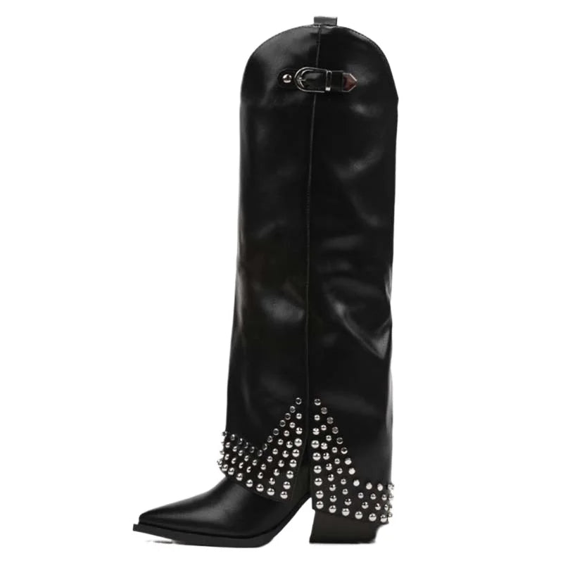 New Rivet Belt Buckle Skirt Boots for Women – Pointed Toe Wedge Heel Thick Heel Shoes