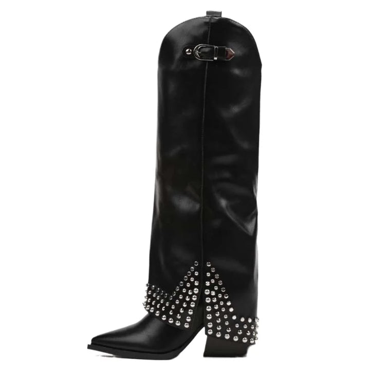 New Rivet Belt Buckle Skirt Boots for Women – Pointed Toe Wedge Heel Thick Heel Shoes