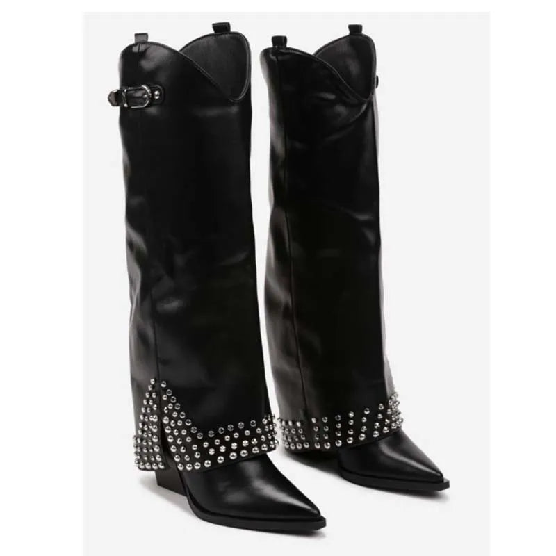 New Rivet Belt Buckle Skirt Boots for Women – Pointed Toe Wedge Heel Thick Heel Shoes