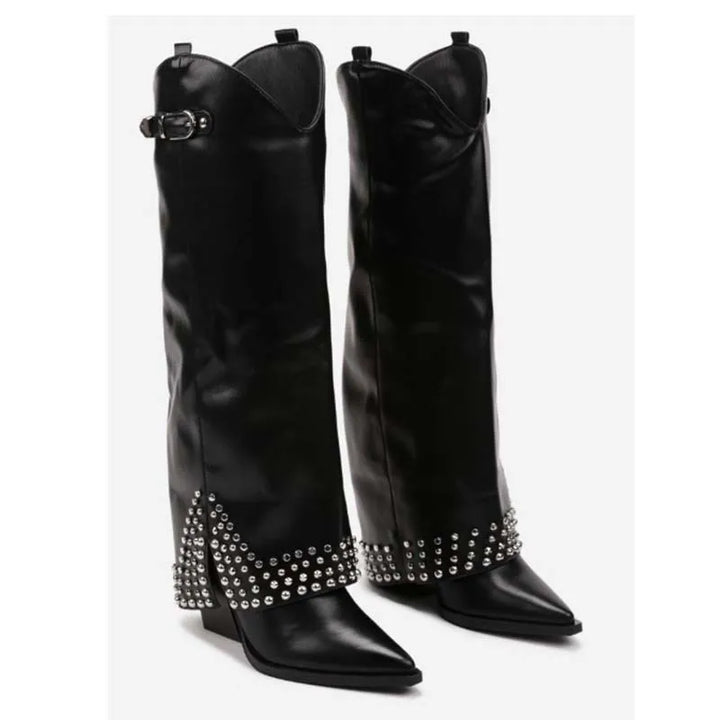 New Rivet Belt Buckle Skirt Boots for Women – Pointed Toe Wedge Heel Thick Heel Shoes