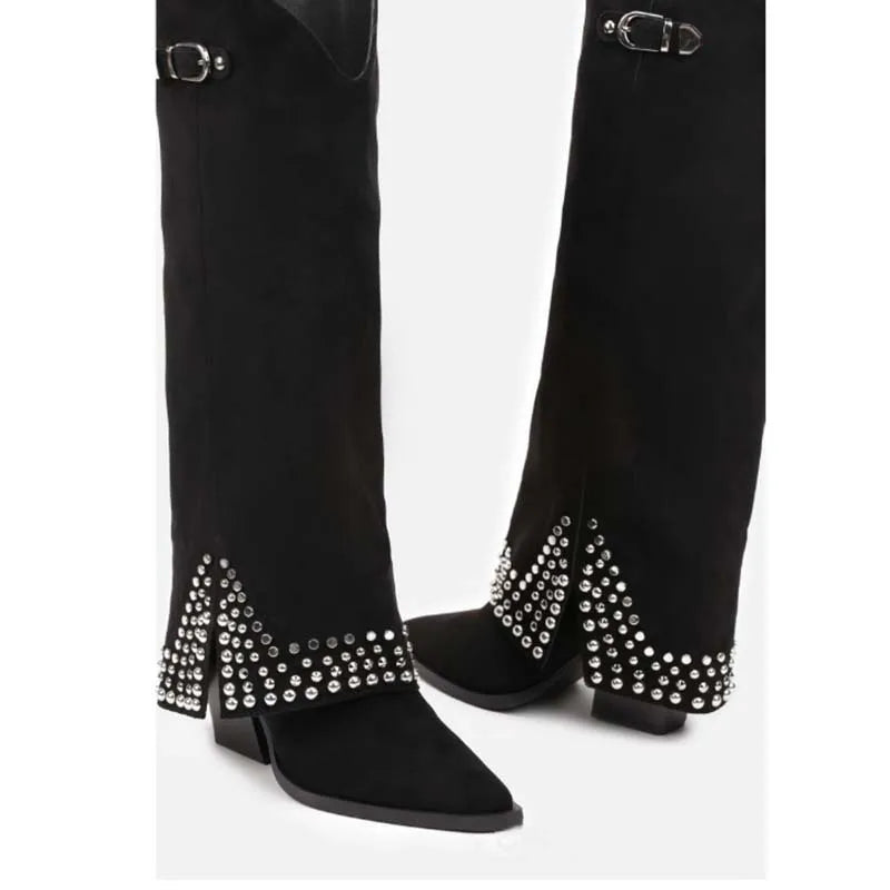 New Rivet Belt Buckle Skirt Boots for Women – Pointed Toe Wedge Heel Thick Heel Shoes