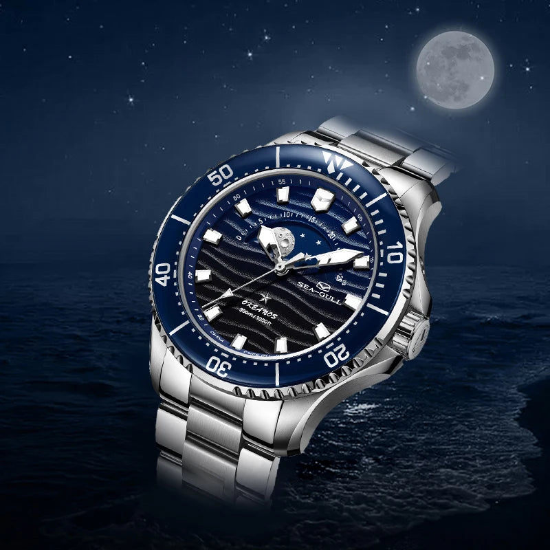 New Seagull Luxury Moon Phase Diver Watch – 300M Waterproof Automatic Wristwatch