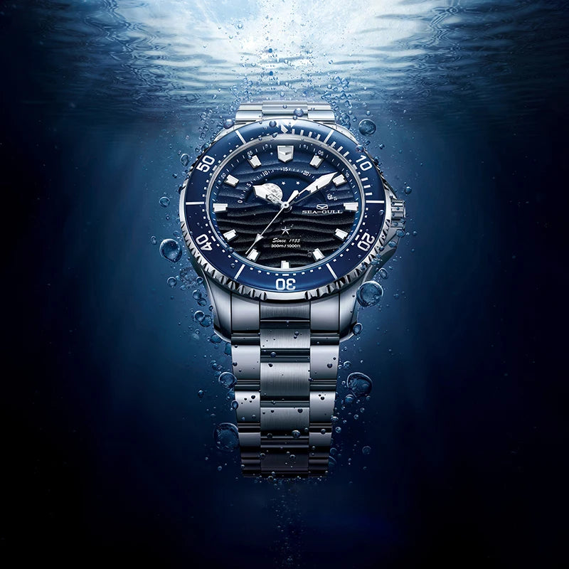 New Seagull Luxury Moon Phase Diver Watch – 300M Waterproof Automatic Wristwatch