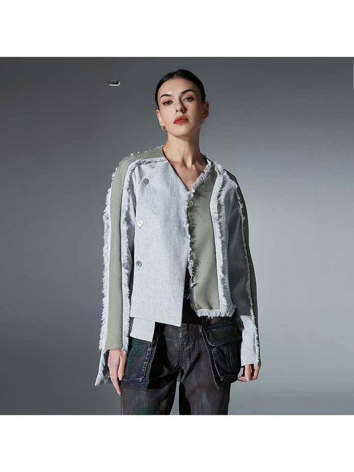 New Women V Neck Spliced Button Jacket Stylish Blazer