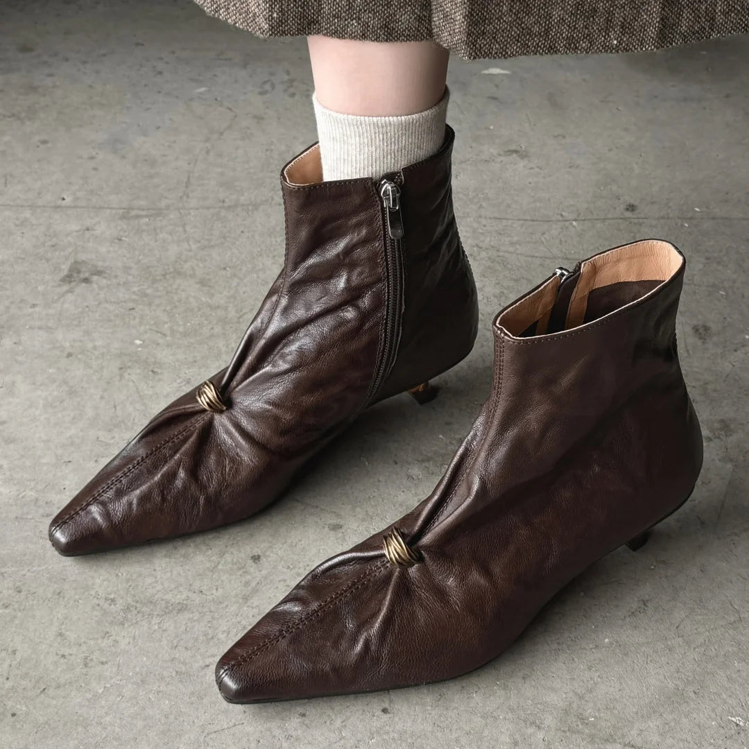 New Women's Pleated Sheepskin Ankle Boots – Elegant Pointed-Toe Kitten Heels