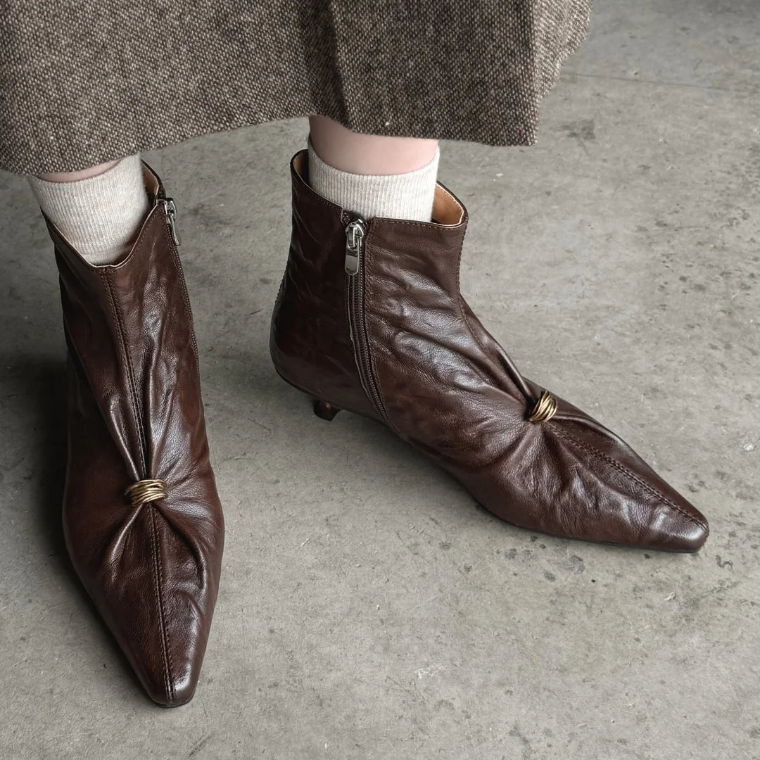 New Women's Pleated Sheepskin Ankle Boots – Elegant Pointed-Toe Kitten Heels