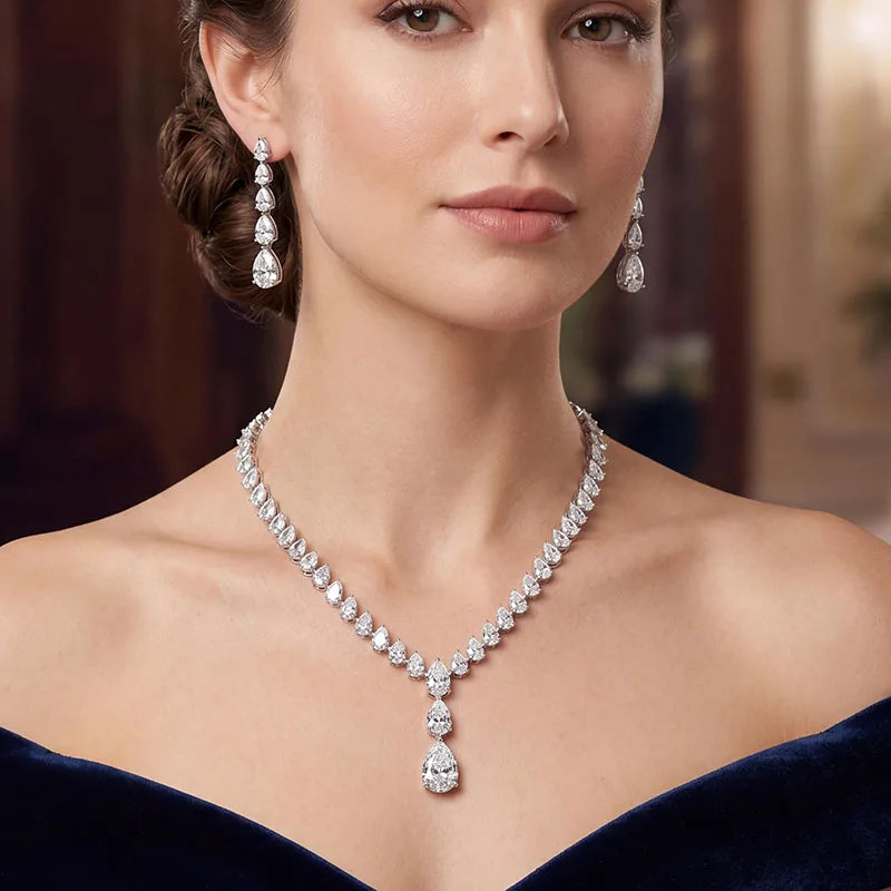 New 14K White Gold Pear-Cut Lab-Grown Diamond Women Necklace Earrings Set