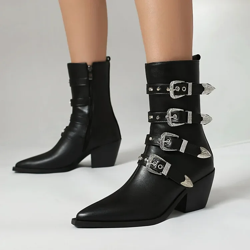 Women's Belt Buckle Cross-Strap Knee-High Boots –  Platform Thick Sole Boots