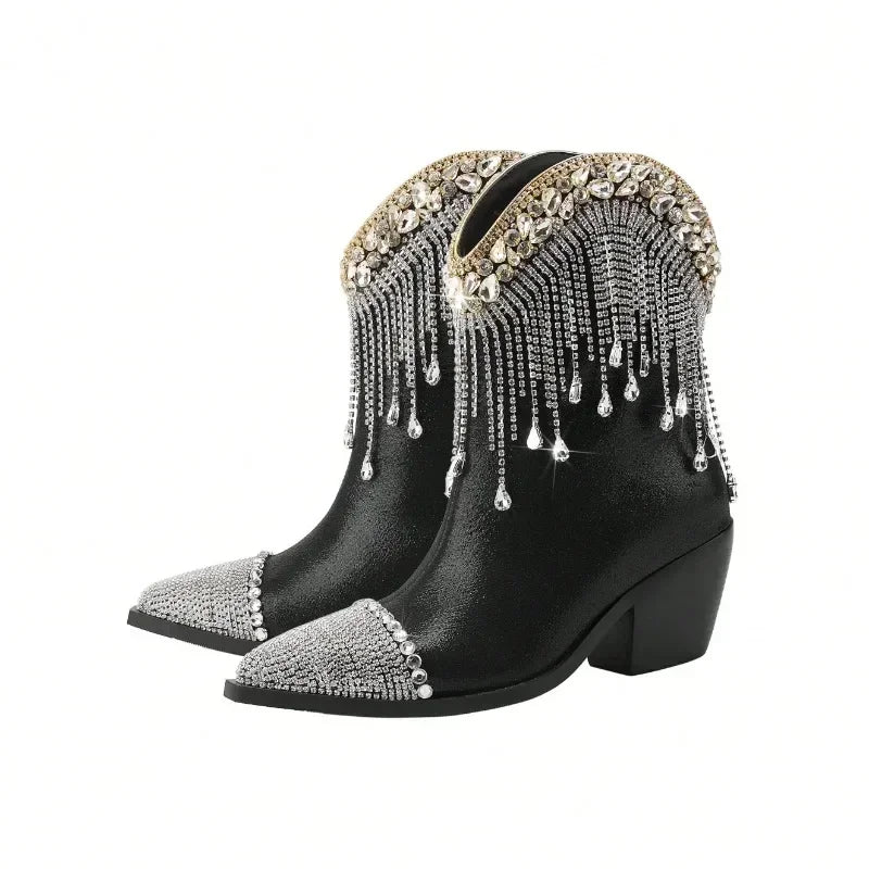 Women's Crystal Tassel Rhinestone Chelsea Ankle boots