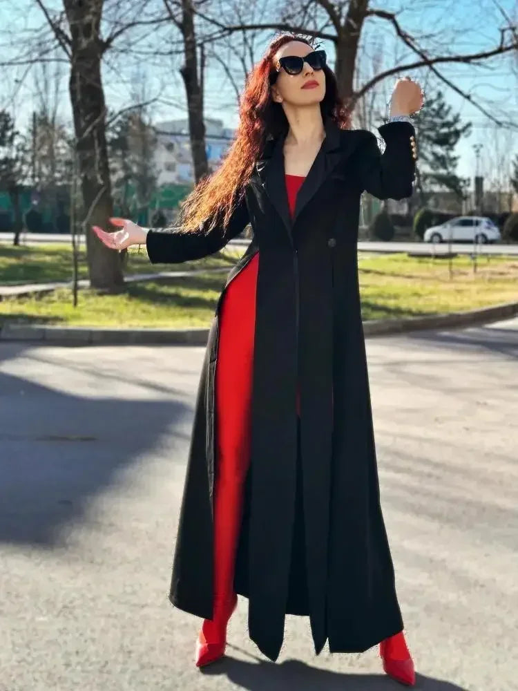 New Missuoo Women Black Extra-Long Blazer Coat