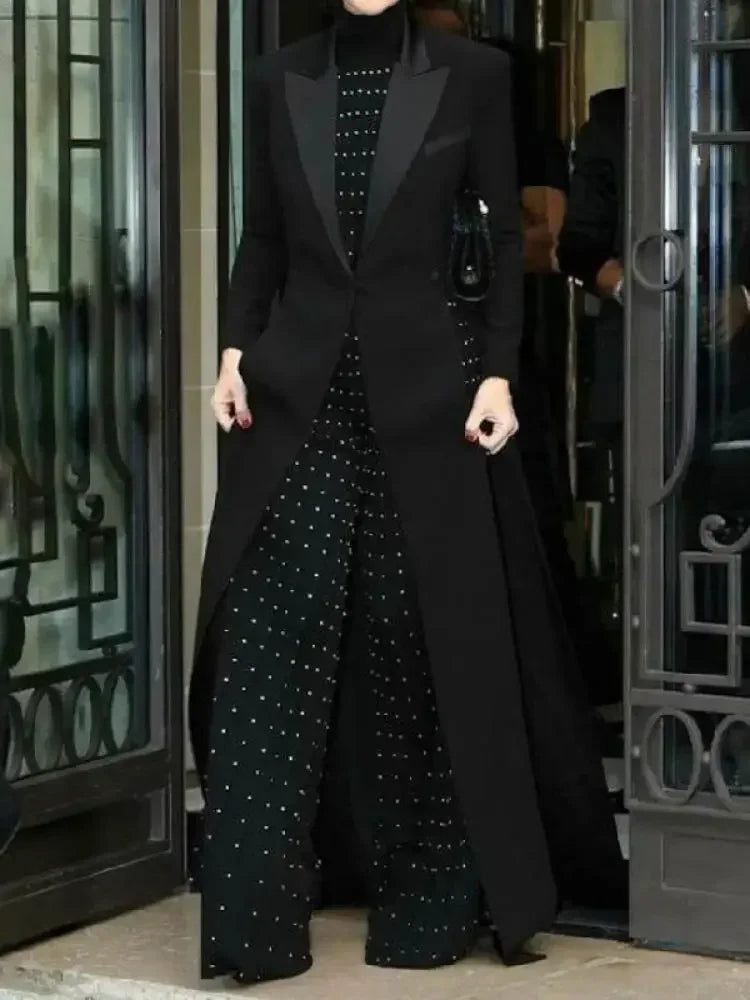 New Missuoo Women Black Extra-Long Blazer Coat