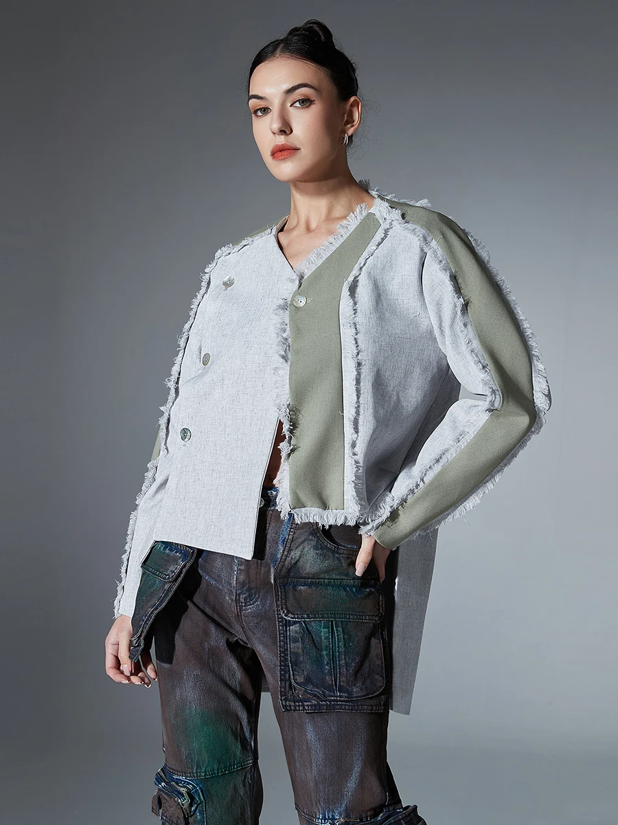 New Women V Neck Spliced Button Jacket Stylish Blazer