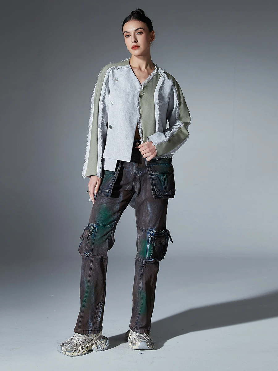 New Women V Neck Spliced Button Jacket Stylish Blazer