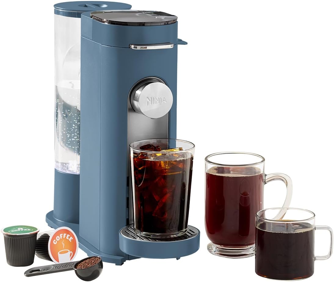 Blue coffee maker with glass carafe and cups filled with coffee on a white background