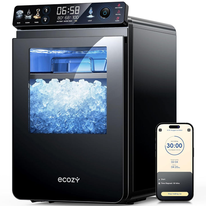 Black ecozy refrigerator with digital display and smartphone app on a white background