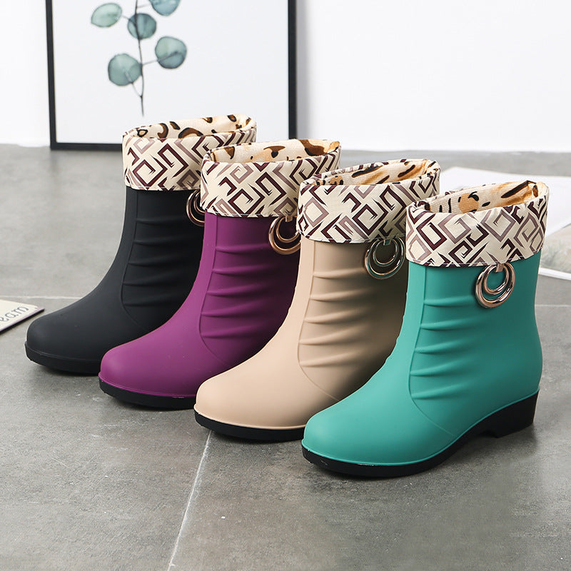 Women's Middle Tube Non-slip Warm With Velvet Rain Boots