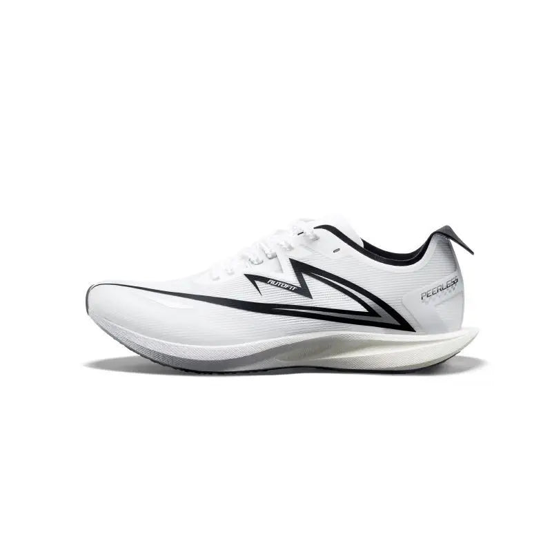A white running shoe with black accents and white laces, shown from a side profile view against a plain white background.
