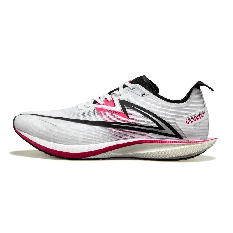A white running shoe with black and pink accents, shown in a side profile on a white background.