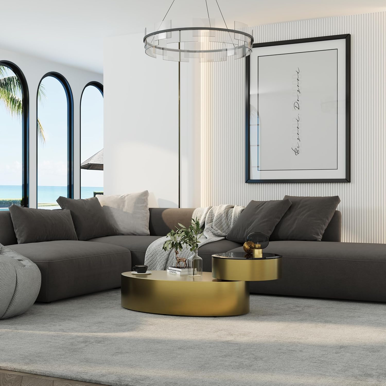Premium Rotating Coffee Table – 2-Tier Tempered Glass Top with 360° Swivel Base, Brushed Gold Modern Center Table