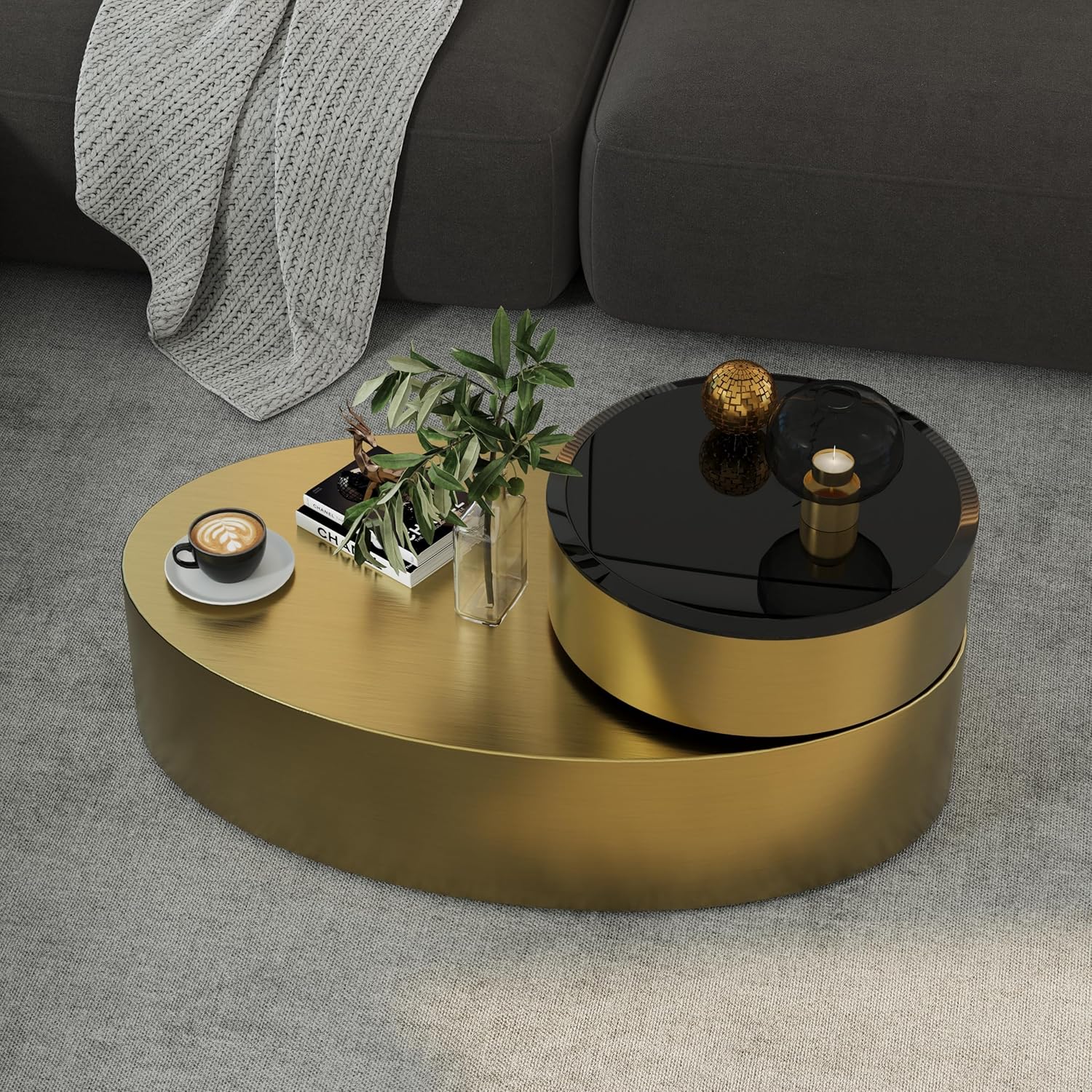 Premium Rotating Coffee Table – 2-Tier Tempered Glass Top with 360° Swivel Base, Brushed Gold Modern Center Table