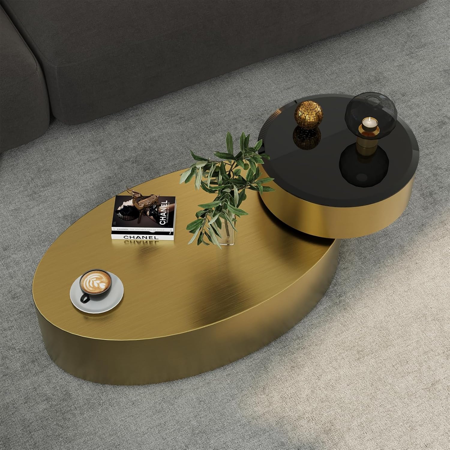 Premium Rotating Coffee Table – 2-Tier Tempered Glass Top with 360° Swivel Base, Brushed Gold Modern Center Table
