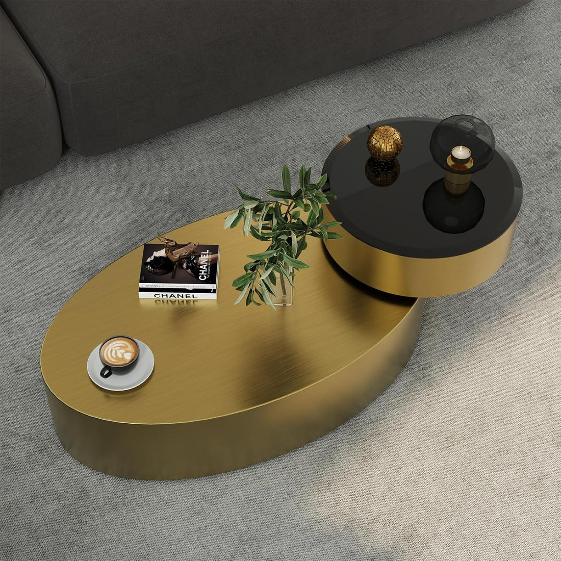 Premium Rotating Coffee Table – 2-Tier Tempered Glass Top with 360° Swivel Base, Brushed Gold Modern Center Table