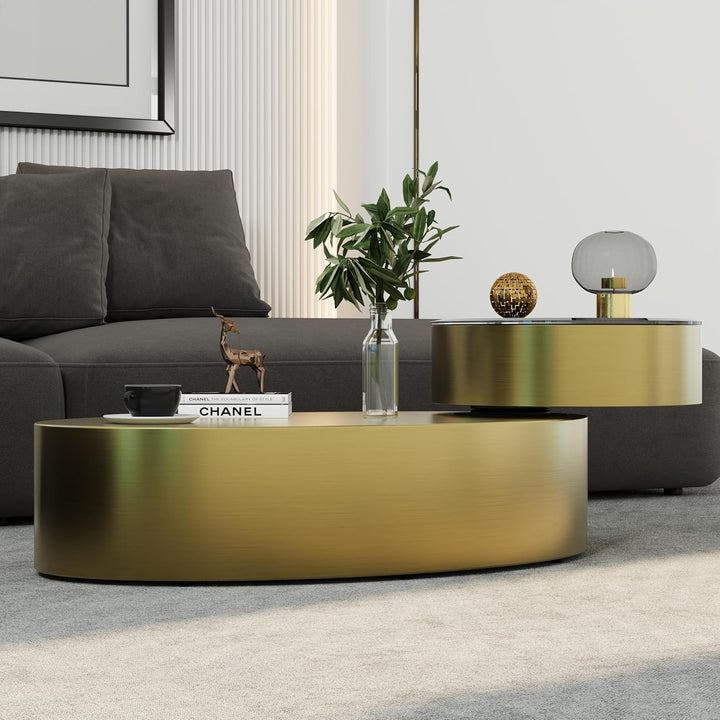 Premium Rotating Coffee Table – 2-Tier Tempered Glass Top with 360° Swivel Base, Brushed Gold Modern Center Table