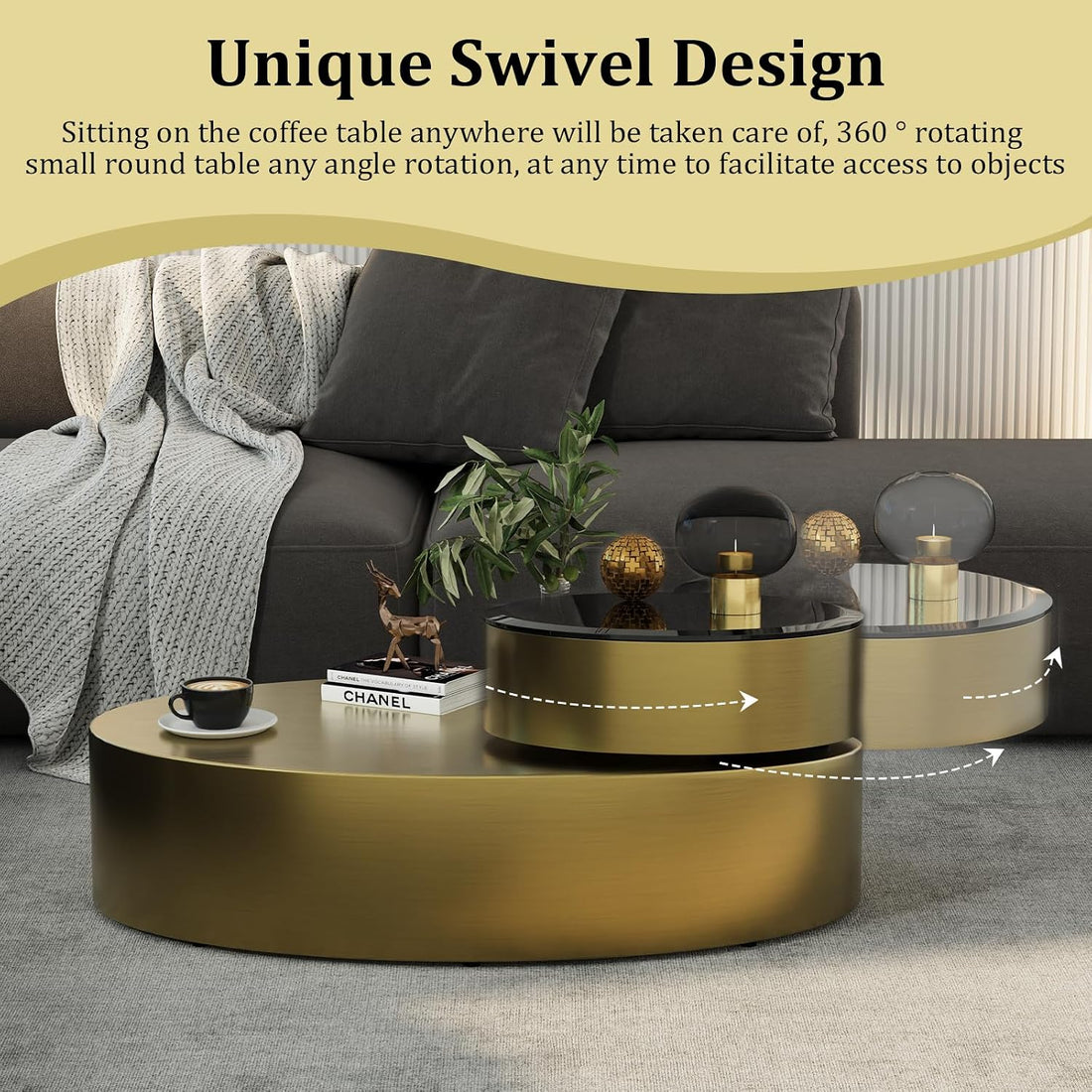 Gold coffee table with unique swivel design in a living room setting