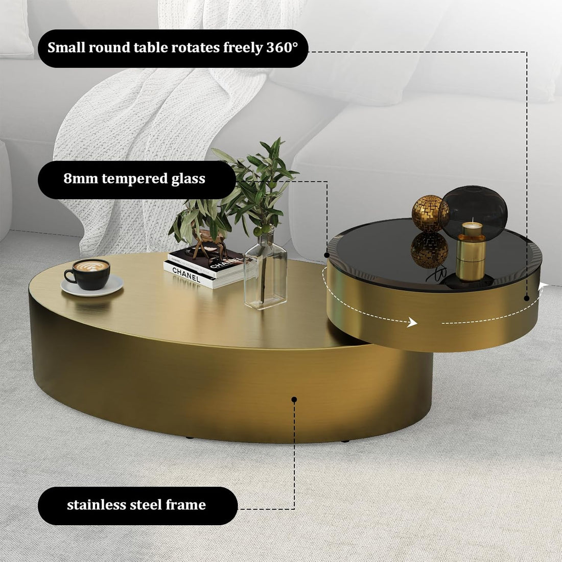 Premium Rotating Coffee Table – 2-Tier Tempered Glass Top with 360° Swivel Base, Brushed Gold Modern Center Table