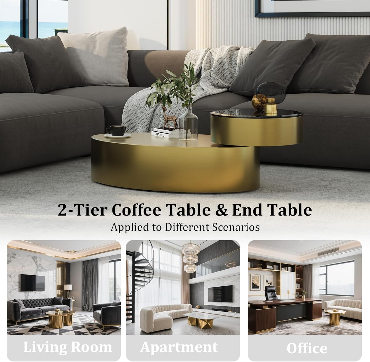 Premium Rotating Coffee Table – 2-Tier Tempered Glass Top with 360° Swivel Base, Brushed Gold Modern Center Table