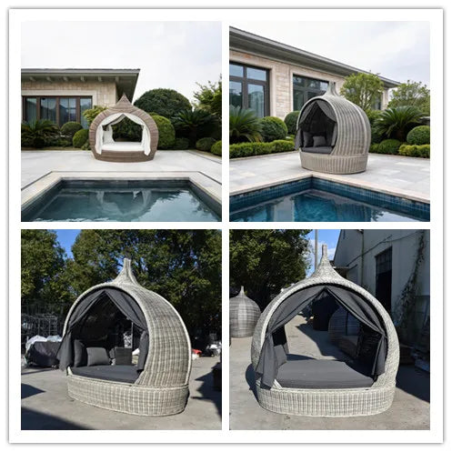 Luxury PE Rattan Outdoor Daybed with Adjustable Curtains