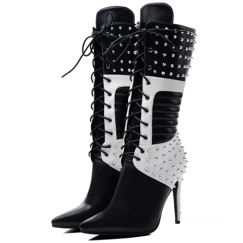 Women’s Pointed Toe Two-Tone Knee High Boots Spiked Rivet Lace-Up Stiletto High Heels