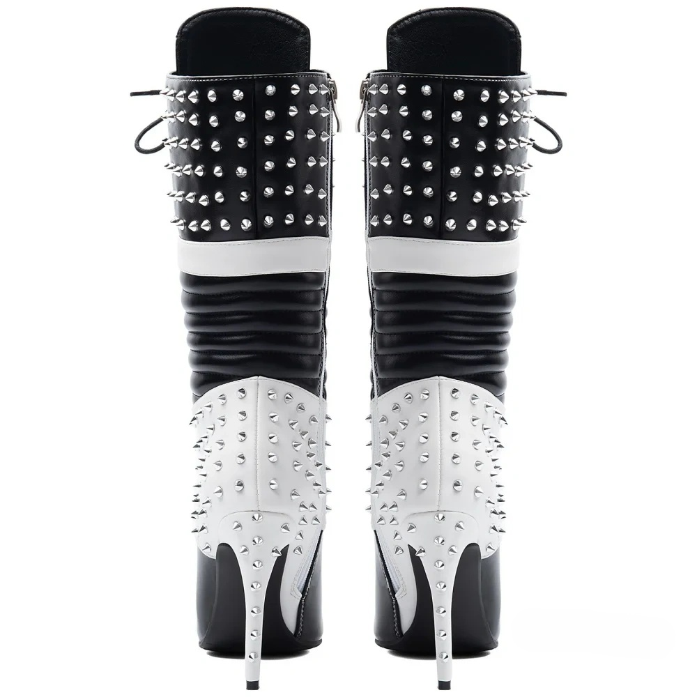 Women’s Pointed Toe Two-Tone Knee High Boots Spiked Rivet Lace-Up Stiletto High Heels