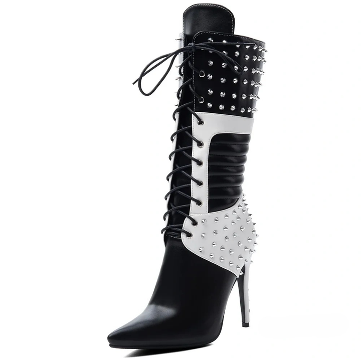 Women’s Pointed Toe Two-Tone Knee High Boots Spiked Rivet Lace-Up Stiletto High Heels