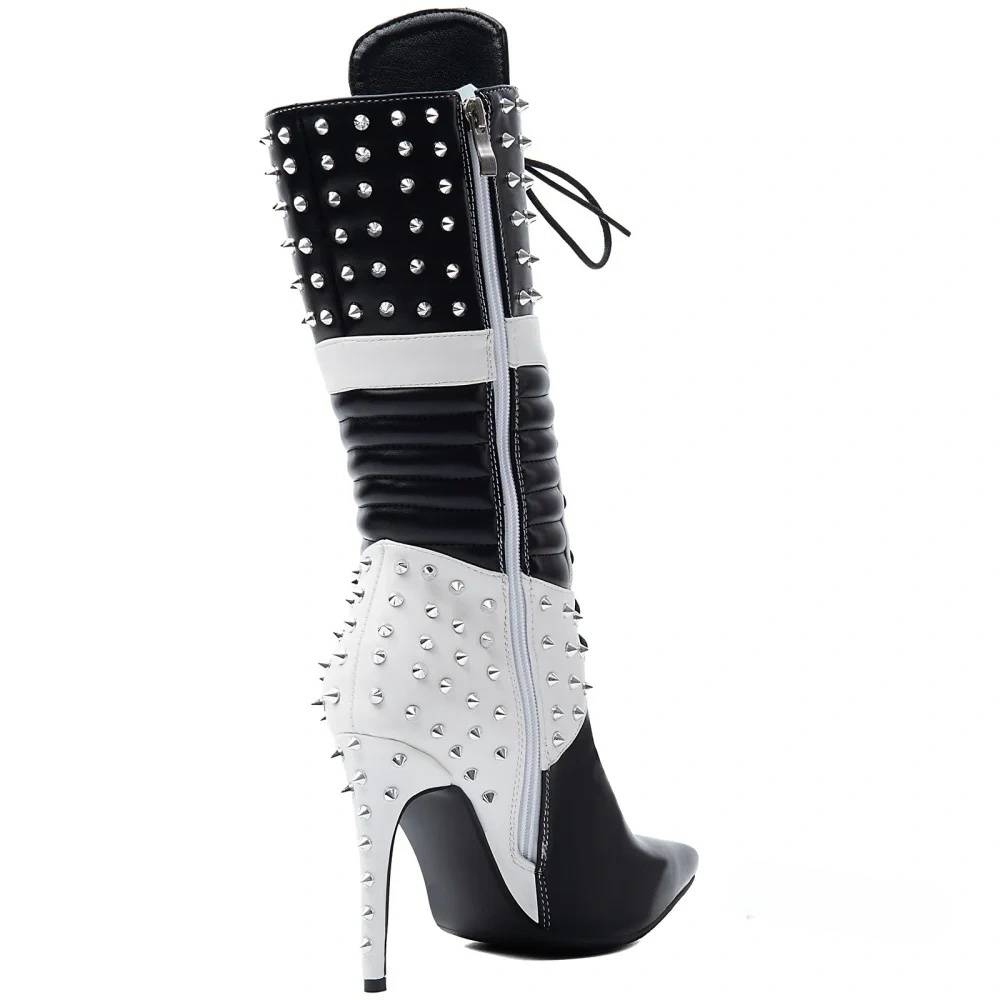 Women’s Pointed Toe Two-Tone Knee High Boots Spiked Rivet Lace-Up Stiletto High Heels