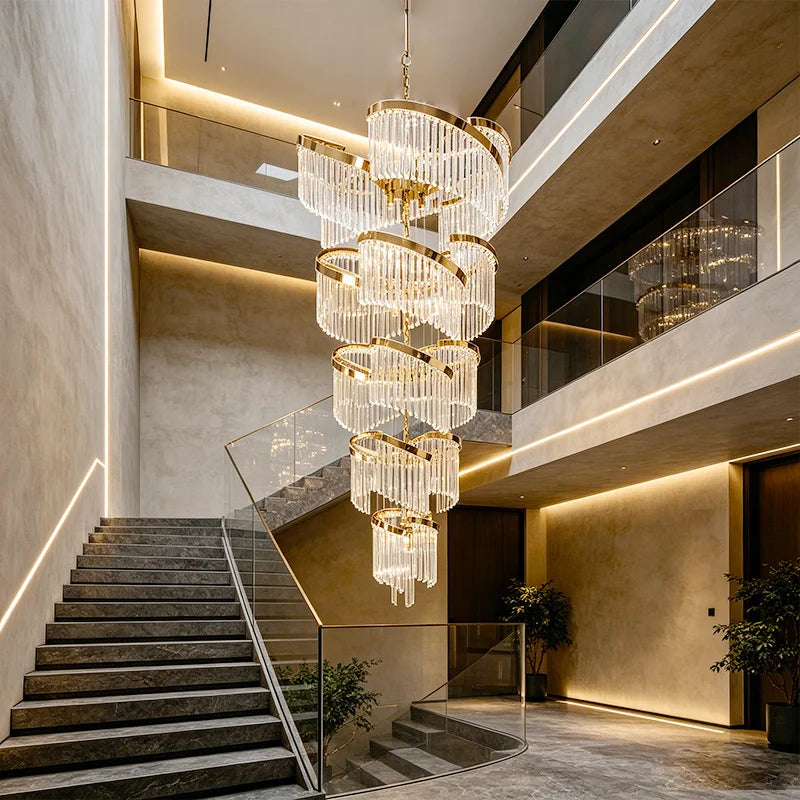 Premium Gold LED Crystal Chandelier – Luxury Hotel Lobby and Staircase Pendant Light
