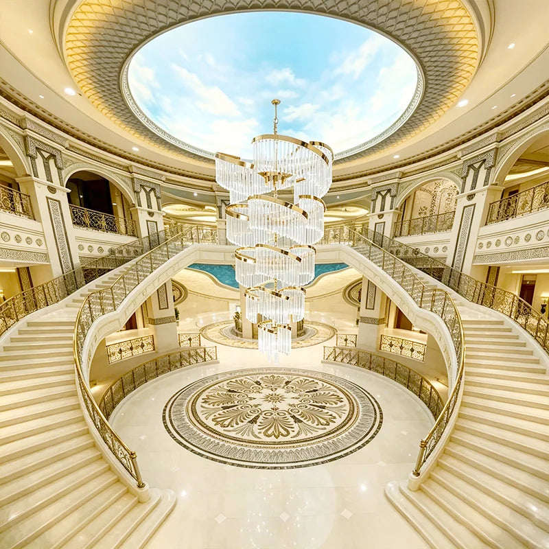 Premium Gold LED Crystal Chandelier – Luxury Hotel Lobby and Staircase Pendant Light