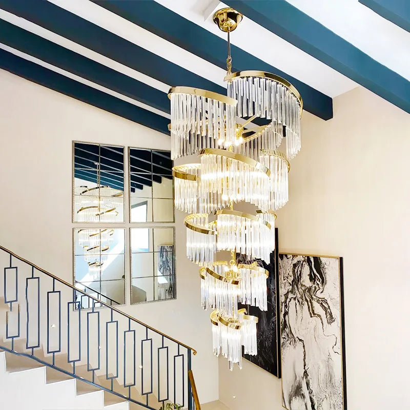 Premium Gold LED Crystal Chandelier – Luxury Hotel Lobby and Staircase Pendant Light