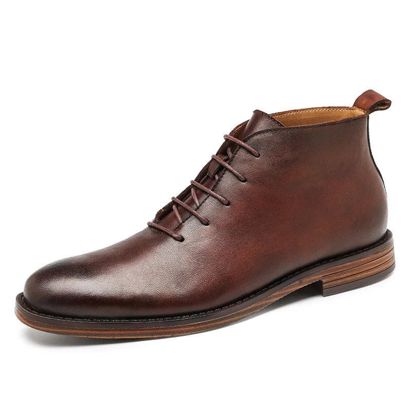 Brown leather boot with laces on a white background