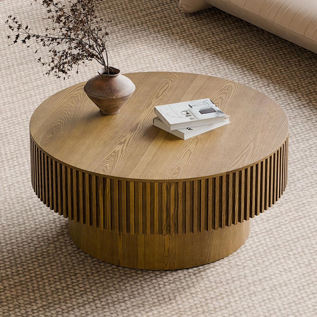 New Round  31" Coffee Table with Storage, Modern Wooden Coffee Table for Home Decor