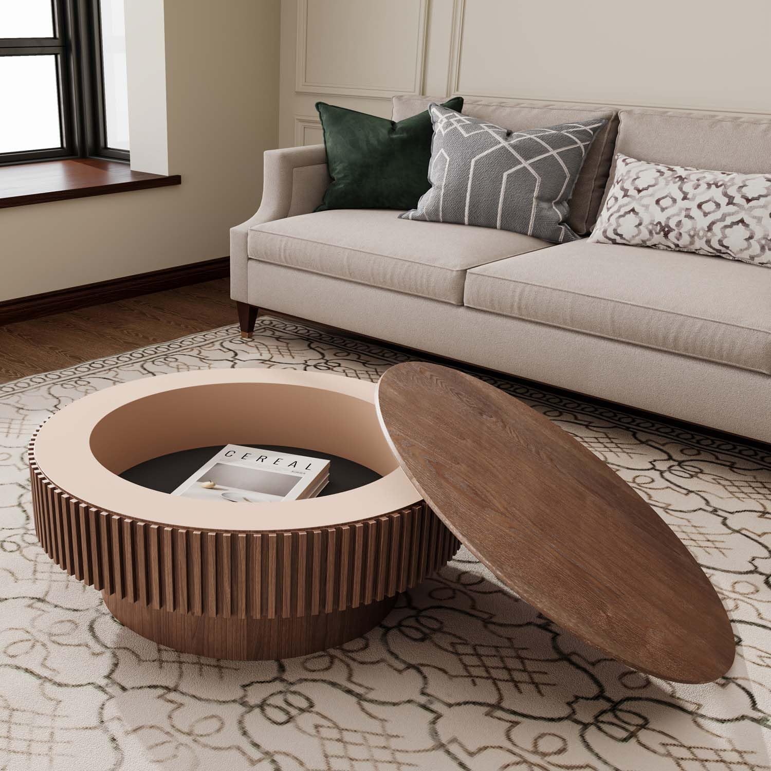 New Round  31" Coffee Table with Storage, Modern Wooden Coffee Table for Home Decor
